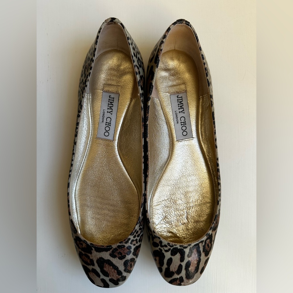 JIMMY CHOO ANIMAL PRINT LEATHER FLATS